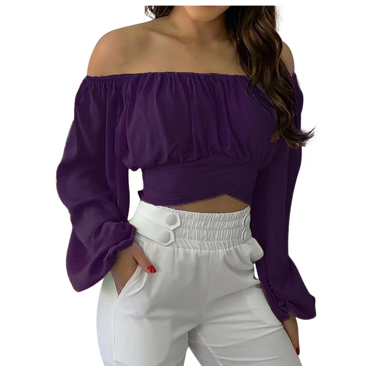 Summer and Spring European and American Fashion Sexy Women's Clothing, Amazon Independent Station Hot Selling Women's Off Shoulder Cross Strap Long Sleeve Top,