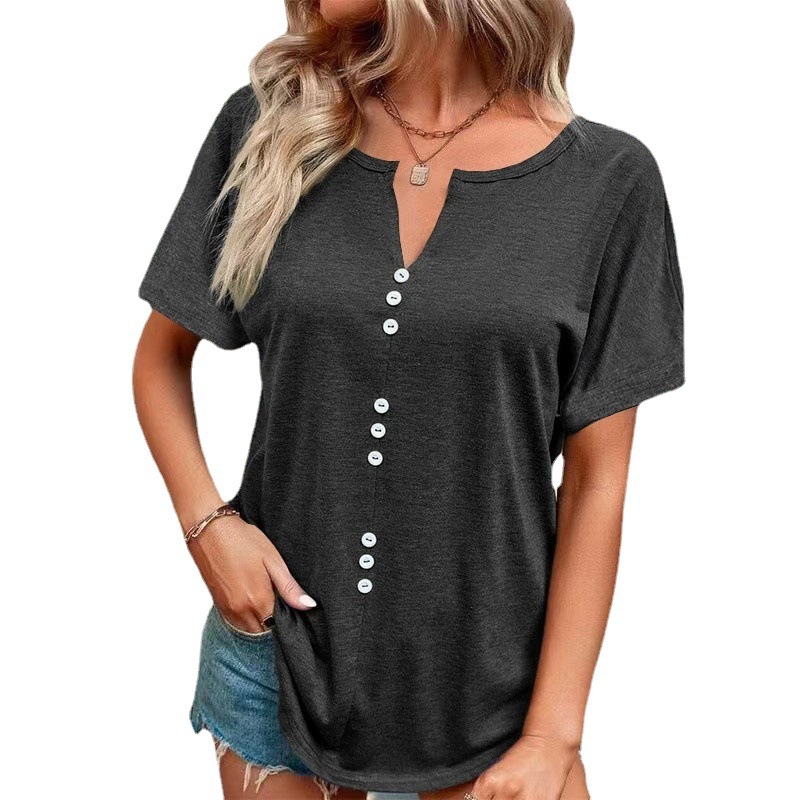 Amazon's new solid color European and American women's clothing, soft and fashionable versatile small V-neck top, solid color short sleeved plus size T-shirt for women