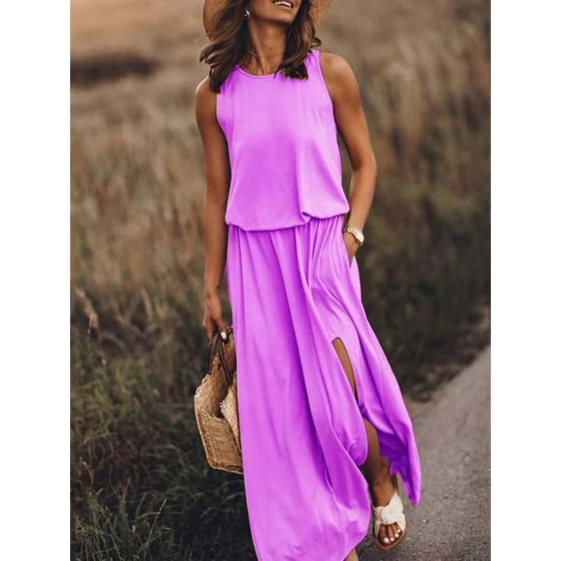 New summer Amazon European and American minimalist women's clothing, comfortable solid color round neck sleeveless slit dress for women, casual and fashionable slimming dress for women