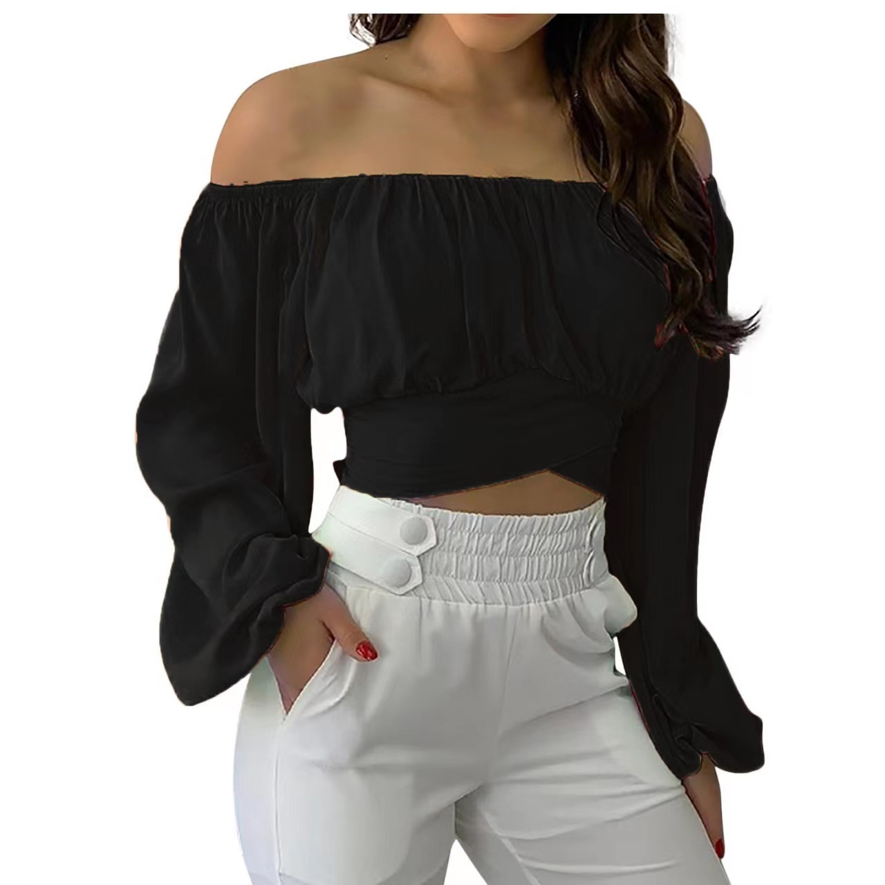 Summer and Spring European and American Fashion Sexy Women's Clothing, Amazon Independent Station Hot Selling Women's Off Shoulder Cross Strap Long Sleeve Top,