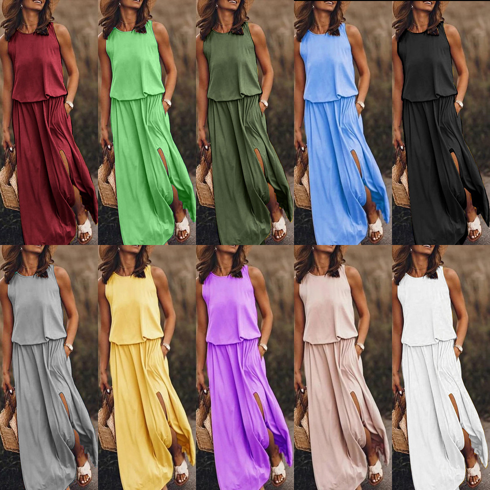 New summer Amazon European and American minimalist women's clothing, comfortable solid color round neck sleeveless slit dress for women, casual and fashionable slimming dress for women
