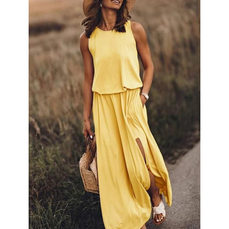 New summer Amazon European and American minimalist women's clothing, comfortable solid color round neck sleeveless slit dress for women, casual and fashionable slimming dress for women