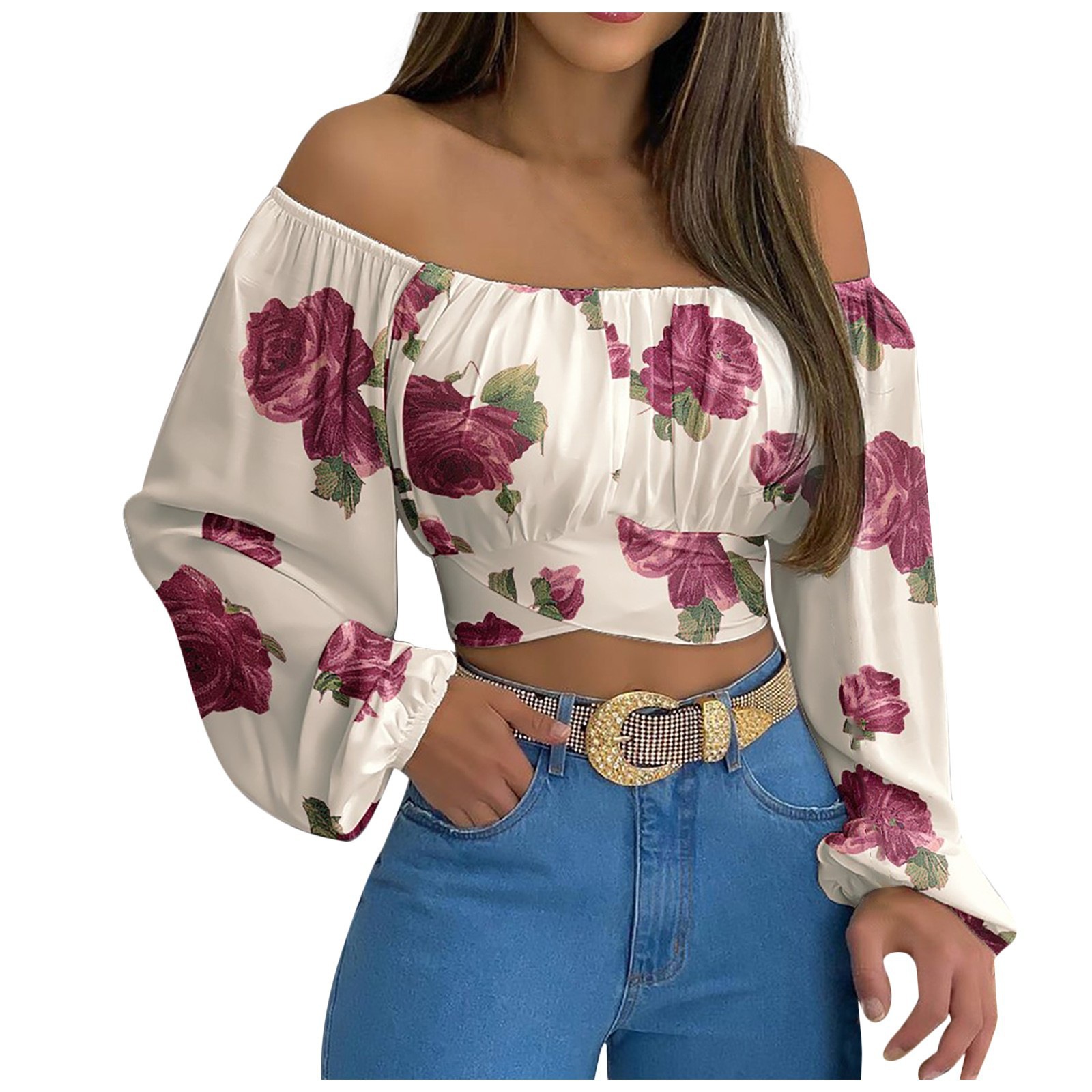 Summer and Spring European and American Fashion Sexy Women's Clothing, Amazon Independent Station Hot Selling Women's Off Shoulder Cross Strap Long Sleeve Top,