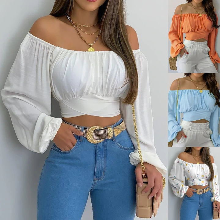 Summer and Spring European and American Fashion Sexy Women's Clothing, Amazon Independent Station Hot Selling Women's Off Shoulder Cross Strap Long Sleeve Top,