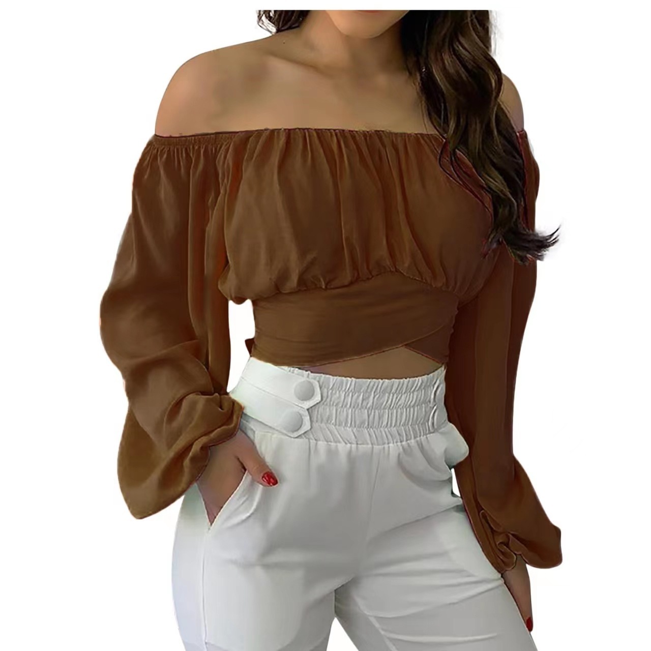 Summer and Spring European and American Fashion Sexy Women's Clothing, Amazon Independent Station Hot Selling Women's Off Shoulder Cross Strap Long Sleeve Top,