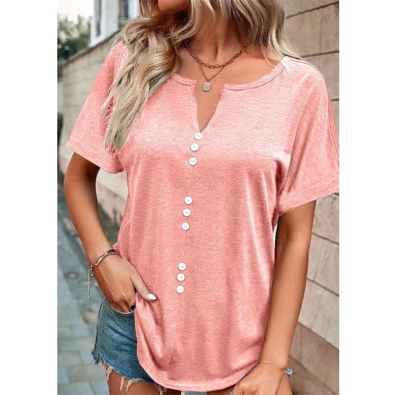 Amazon's new solid color European and American women's clothing, soft and fashionable versatile small V-neck top, solid color short sleeved plus size T-shirt for women