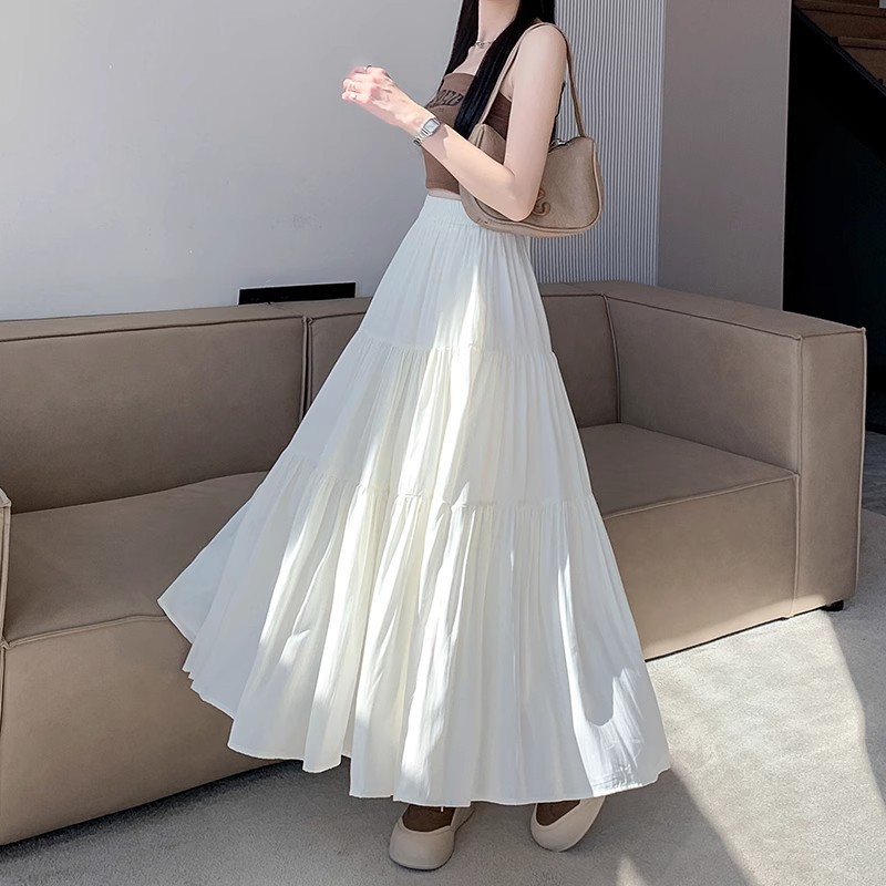New cake skirt, high waist slimming pear shaped figure, A-line large display white long skirt, solid color versatile temperament commuting skirt for women