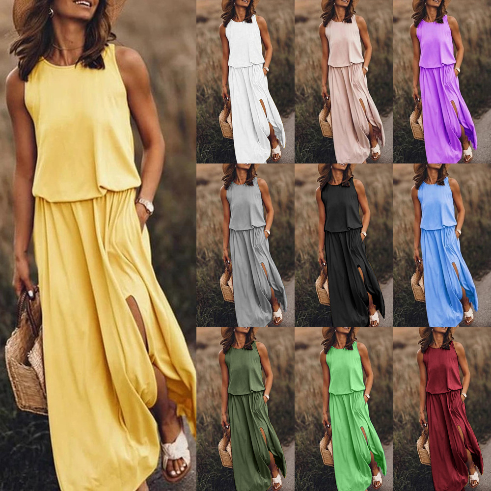 New summer Amazon European and American minimalist women's clothing, comfortable solid color round neck sleeveless slit dress for women, casual and fashionable slimming dress for women