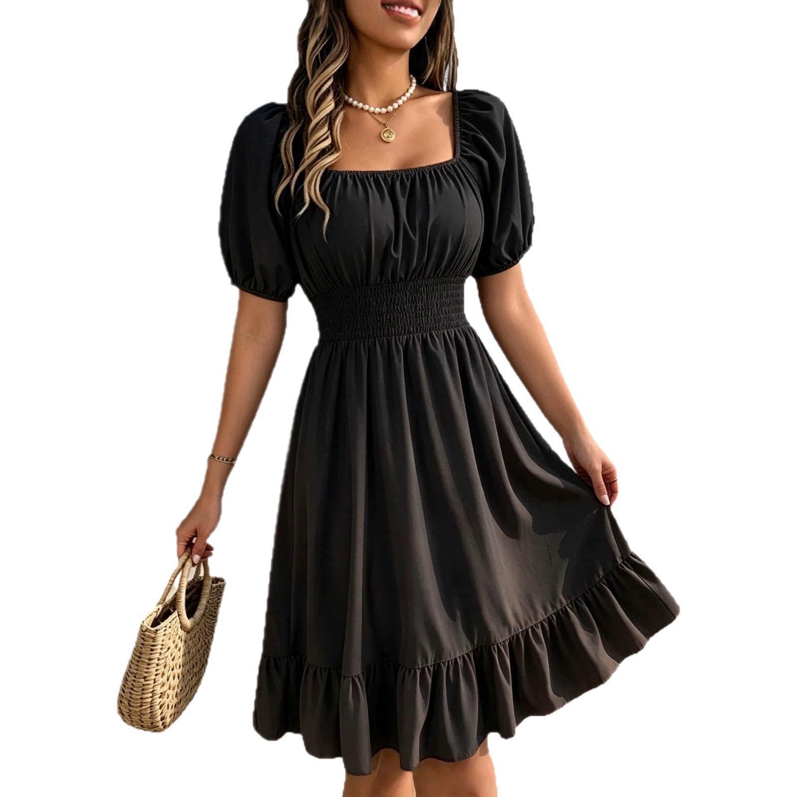 2026 spring/summer new European and American casual square neck short sleeved waist cinched ruffle A-line skirt, fashionable slimming dress, independent cross-border women's clothing station