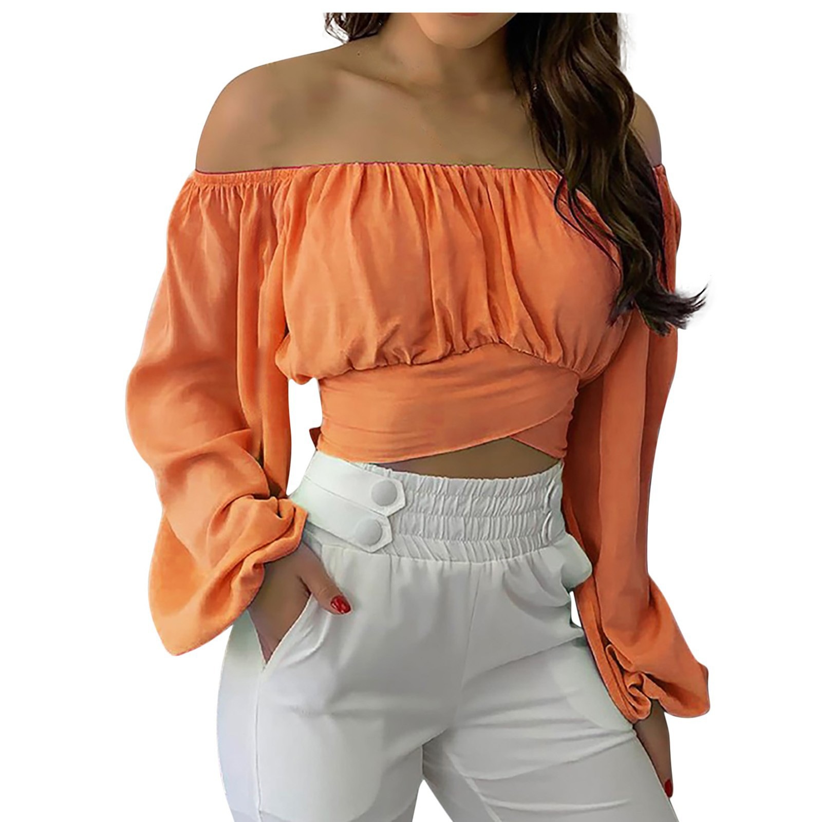 Summer and Spring European and American Fashion Sexy Women's Clothing, Amazon Independent Station Hot Selling Women's Off Shoulder Cross Strap Long Sleeve Top,