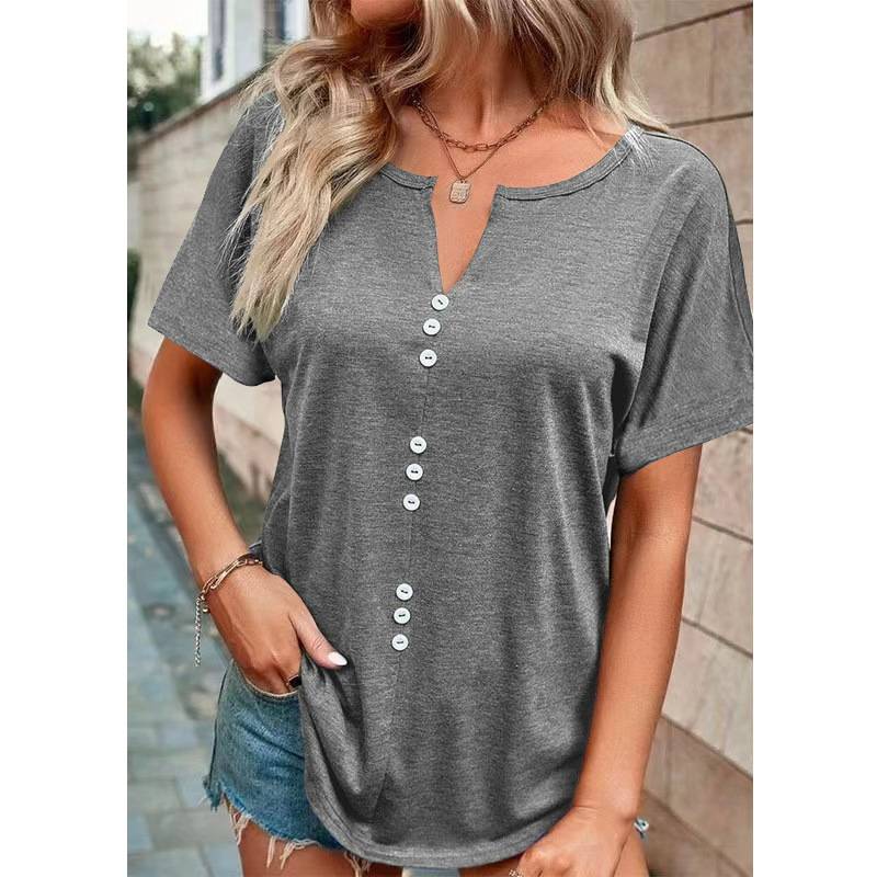 Amazon's new solid color European and American women's clothing, soft and fashionable versatile small V-neck top, solid color short sleeved plus size T-shirt for women