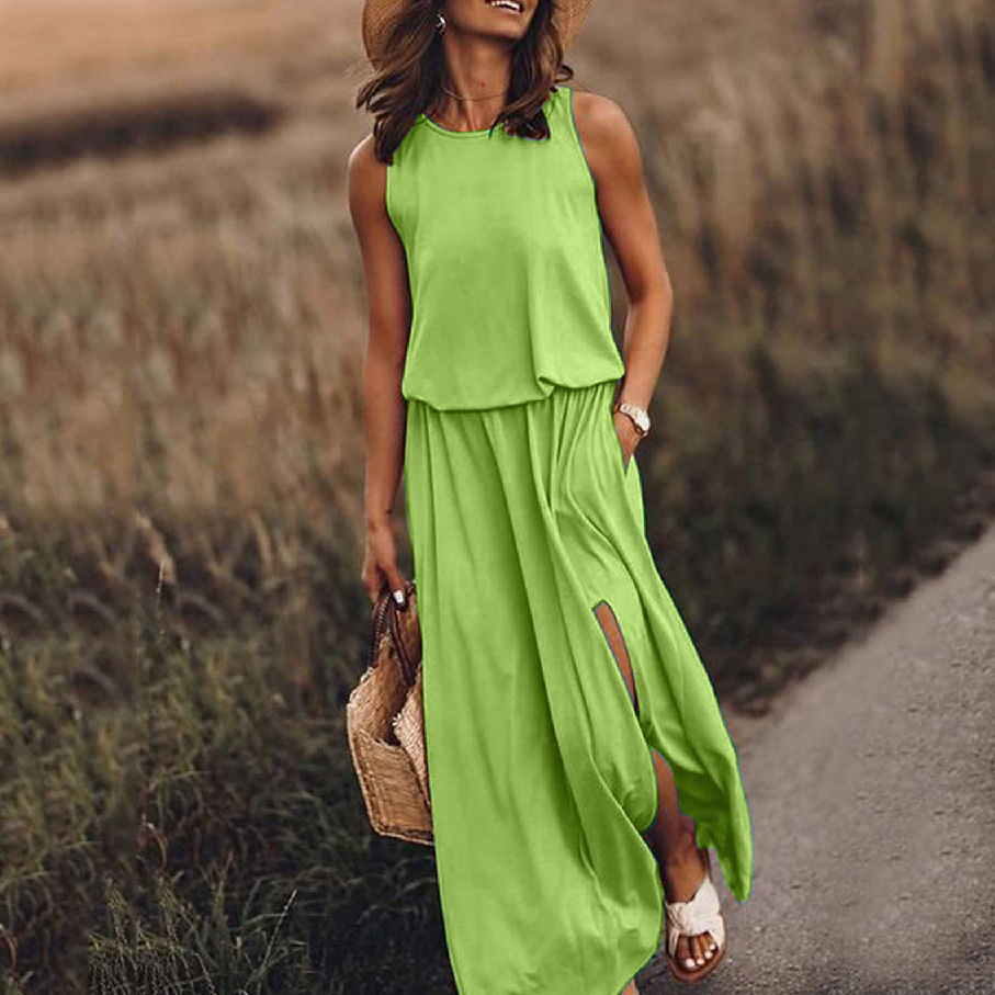 New summer Amazon European and American minimalist women's clothing, comfortable solid color round neck sleeveless slit dress for women, casual and fashionable slimming dress for women