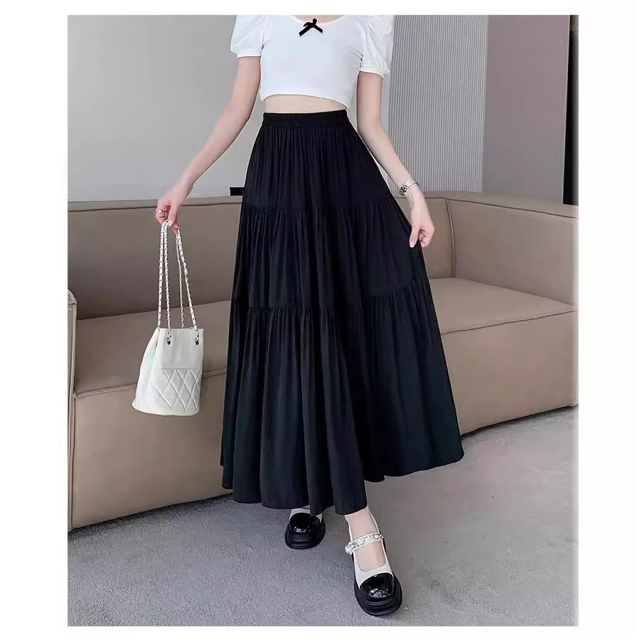 New cake skirt, high waist slimming pear shaped figure, A-line large display white long skirt, solid color versatile temperament commuting skirt for women