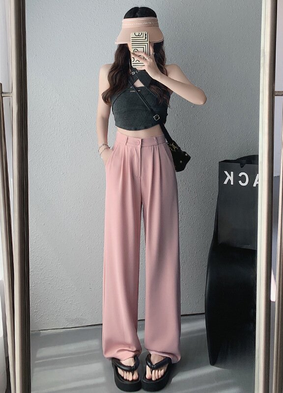 Pink high waisted hanging wide leg pants for women in summer 2026, candy colored suit pants, straight leg versatile casual pants for women