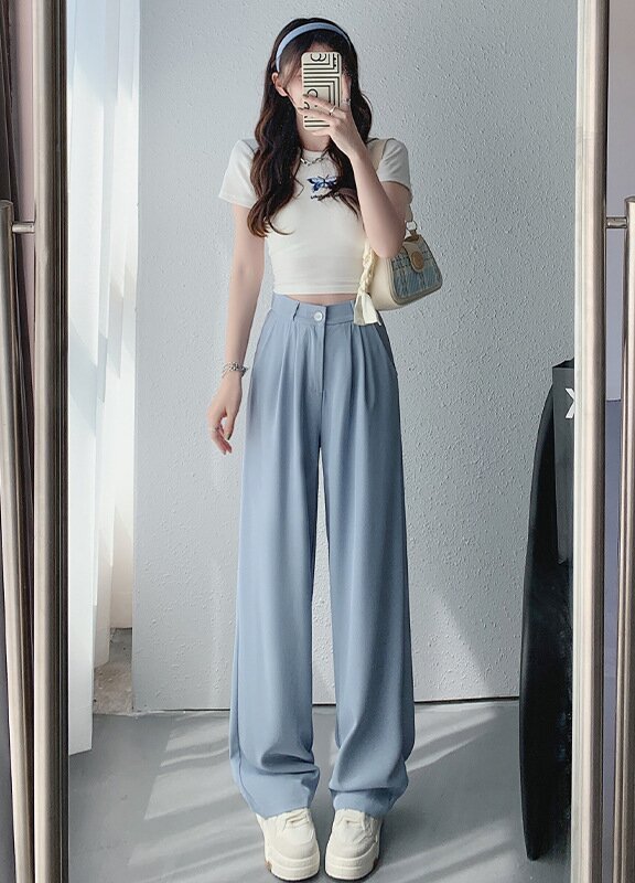 Pink high waisted hanging wide leg pants for women in summer 2026, candy colored suit pants, straight leg versatile casual pants for women