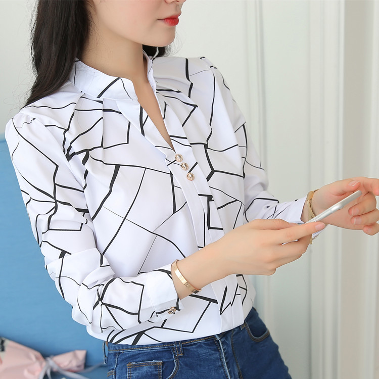 Foreign trade spring and autumn clothing, casual striped long sleeved shirt, loose white stand up collar top, women's clothing