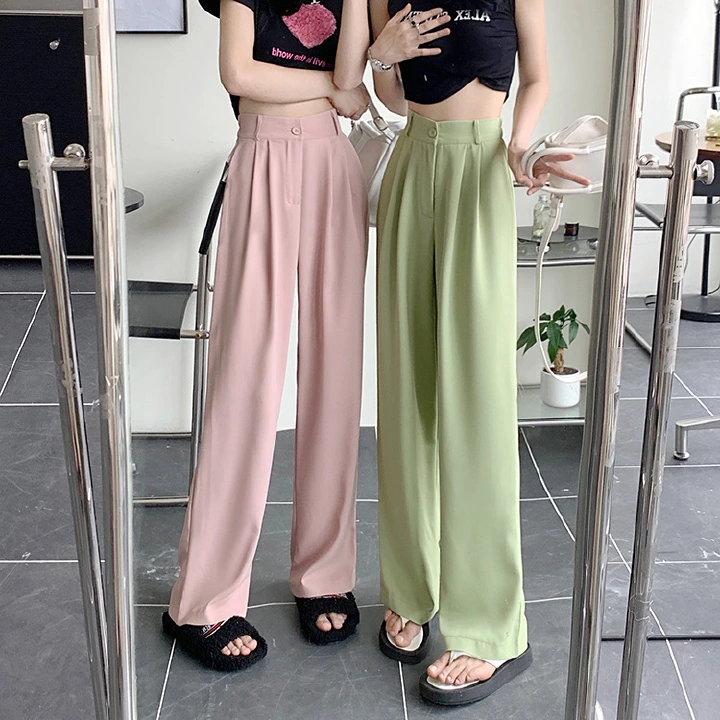 Pink high waisted hanging wide leg pants for women in summer 2026, candy colored suit pants, straight leg versatile casual pants for women