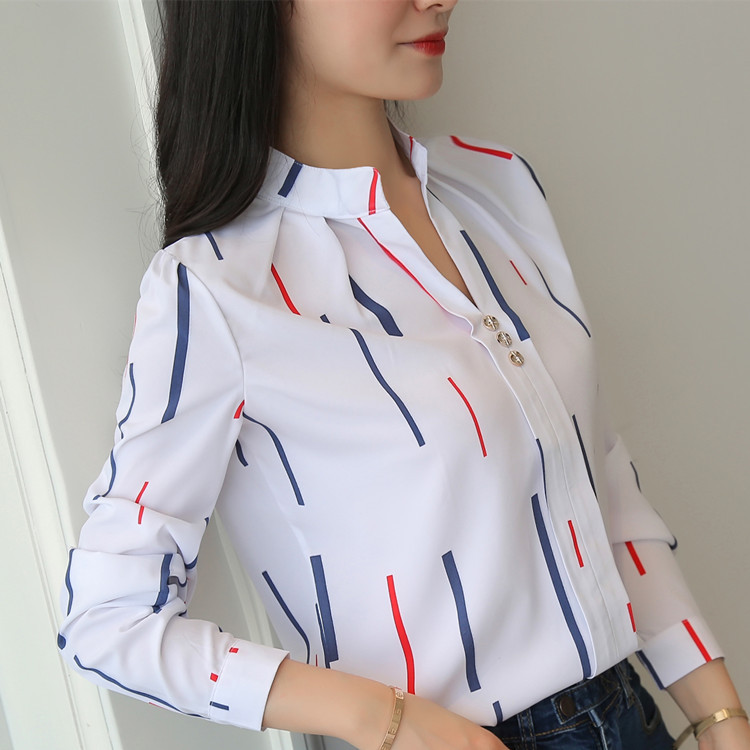 Foreign trade spring and autumn clothing, casual striped long sleeved shirt, loose white stand up collar top, women's clothing
