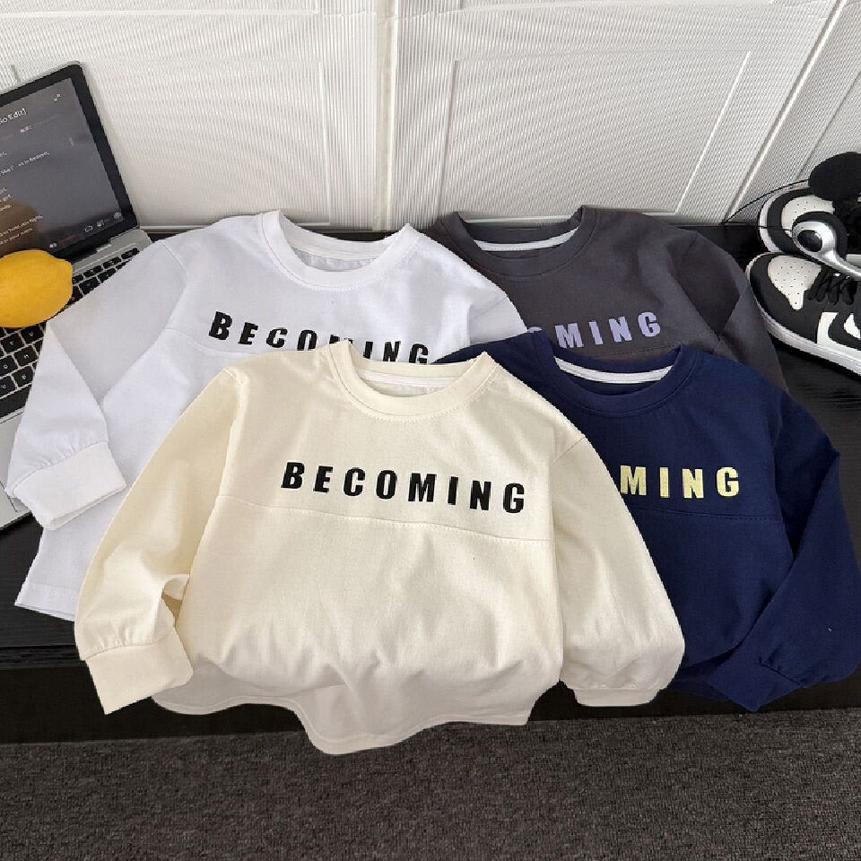 Children's pure cotton T-shirt, baby's stylish hoodie, girls' Korean version long sleeved embroidered top, boys' spring and autumn style base shirt