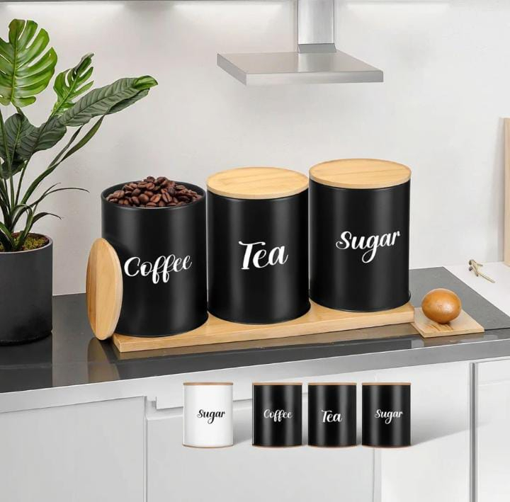 This kitchen storage canister set is a stylish and practical solution for organizing everyday essentials such as coffee, tea, and sugar.