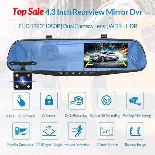 4.3 Inch Mirror Dash Cam Full HD 1080P Dual Camera + Reverse Camera + Night Vision Car DVR