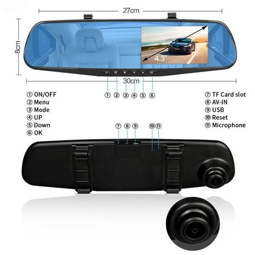 4.3 Inch Mirror Dash Cam Full HD 1080P Dual Camera + Reverse Camera + Night Vision Car DVR