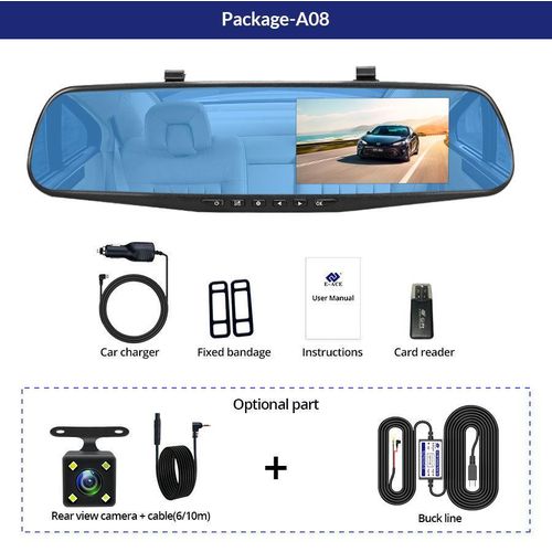 4.3 Inch Mirror Dash Cam Full HD 1080P Dual Camera + Reverse Camera + Night Vision Car DVR