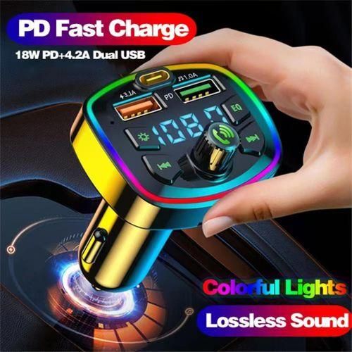 Car Charger FM Transmitter Bluetooth 5.0 MP3 Player – Dual USB Fast Charger, RGB Lights, Hands-Free Car Kit