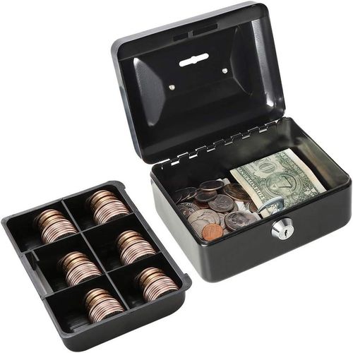 Cash box with slot, small money box with coin tray and key lock - Black