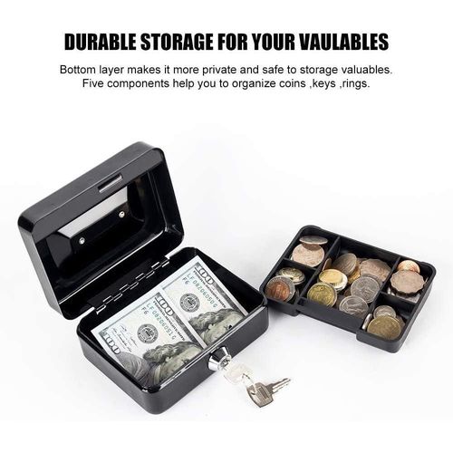 Cash box with slot, small money box with coin tray and key lock - Black