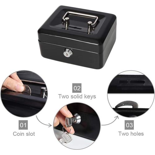 Cash box with slot, small money box with coin tray and key lock - Black
