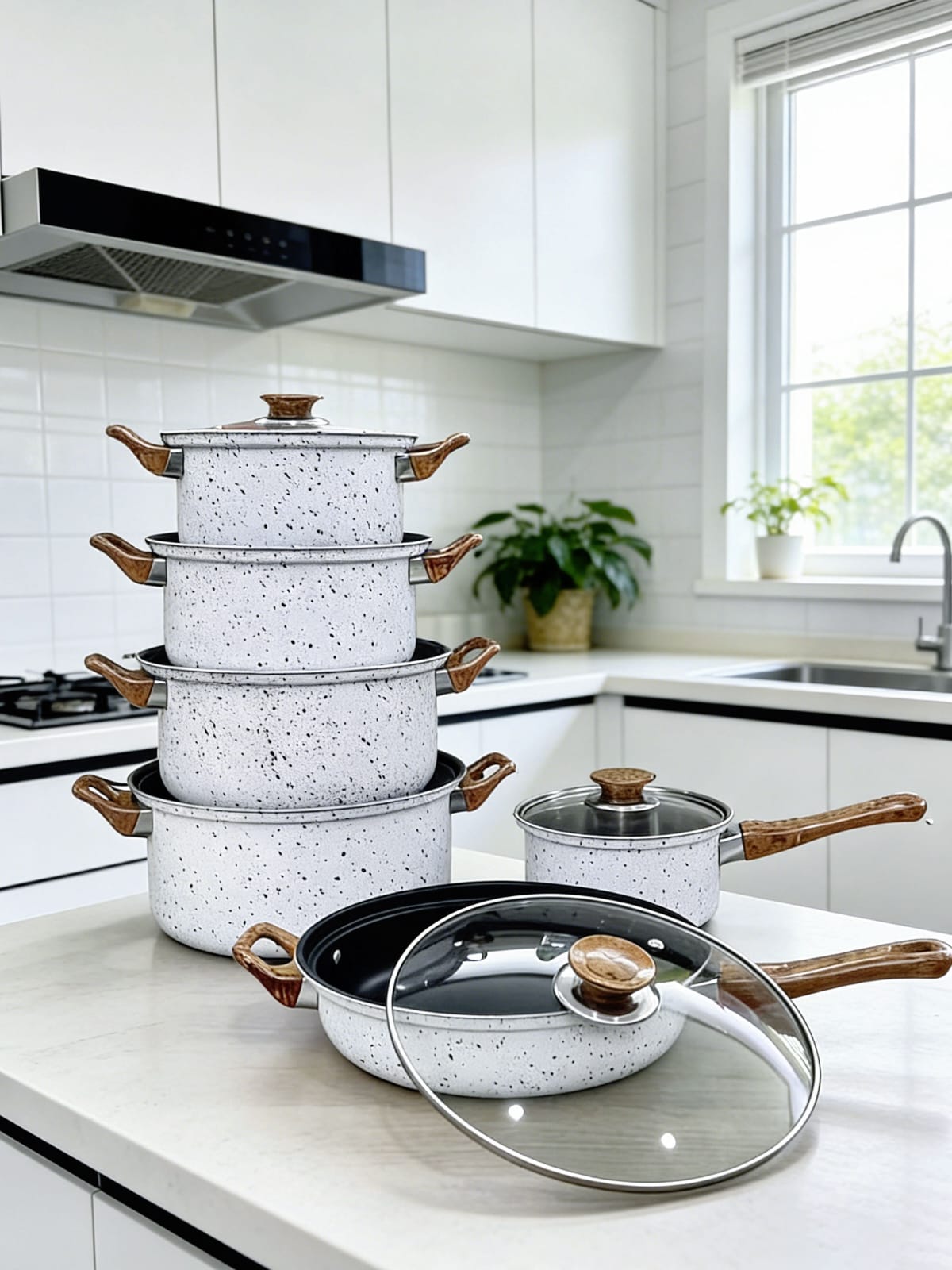 12-Piece Non-Stick Cooking Pots Set with Wooden Handles — a stylish and practical cookware collection designed for smooth, hassle-free cooking. Each pot features a high-q