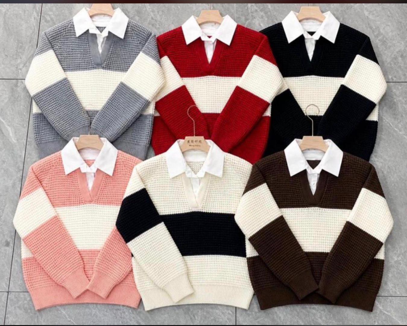 Women Sweater Top with Attached White Collar Free Size Elegant Knit Blouse Stylish Casual Office Wear Soft Warm Fabric Comfortable Chic Outfit