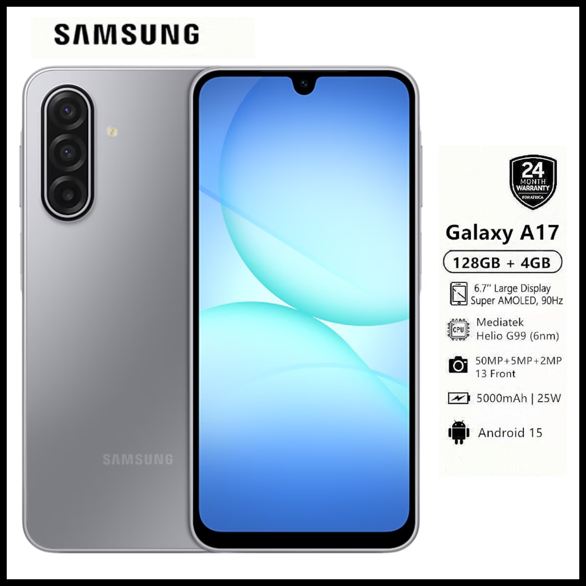 12TH ANNIVASARY!!!!![2-Year Local Warranty] Samsung Galaxy A17 128GB+6GB 6.7" Super AMOLED Display Mediatek Helio G99 50MP Triple Camera Android 15 IP54 Waterproof 5000mAh 25W Type-C AI Smart Phones