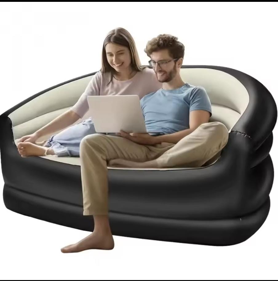 Double Size Inflatable Sofa Chair with Manual Air Pump Portable Air Lounge Seat 135x84x62cm Comfortable Blow Up Couch for Living Room Bedroom Camping Outdoor Relaxation Beige