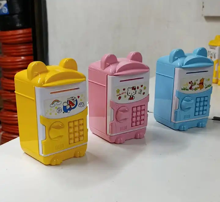 Mini Kids ATM Piggy Bank Cash Coin Saving Box with Key Lock Password Safe Deposit Money Box Counter Note Storage Children Educational Savings Bank Gift Box (13.7 x 8 x 7 cm)
