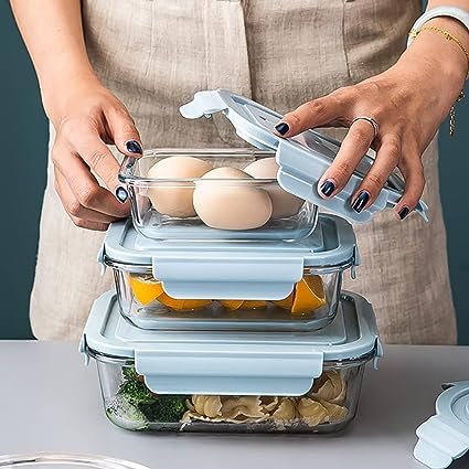 Borosilicate Glass Food Storage Containers Set of 3 Airtight Leak Proof Snap Lock Lids with Silicone Seal Microwave Oven Safe Stackable Refrigerator Organizer Meal Prep Containers for Kitchen Storage