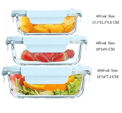 Borosilicate Glass Food Storage Containers Set of 3 Airtight Leak Proof Snap Lock Lids with Silicone Seal Microwave Oven Safe Stackable Refrigerator Organizer Meal Prep Containers for Kitchen Storage
