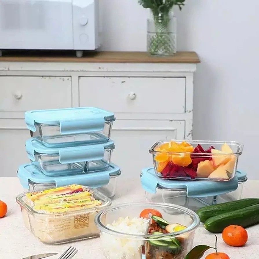 Borosilicate Glass Food Storage Containers Set of 3 Airtight Leak Proof Snap Lock Lids with Silicone Seal Microwave Oven Safe Stackable Refrigerator Organizer Meal Prep Containers for Kitchen Storage