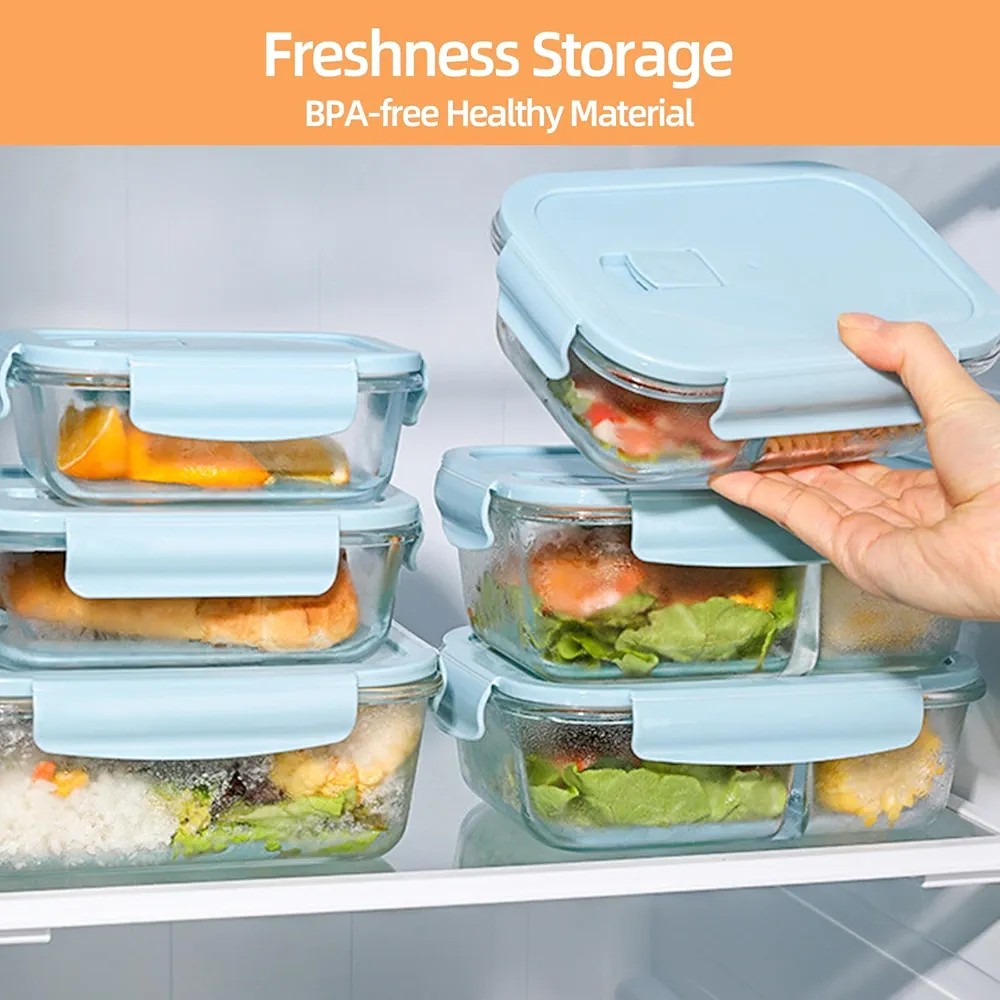 Borosilicate Glass Food Storage Containers Set of 3 Airtight Leak Proof Snap Lock Lids with Silicone Seal Microwave Oven Safe Stackable Refrigerator Organizer Meal Prep Containers for Kitchen Storage
