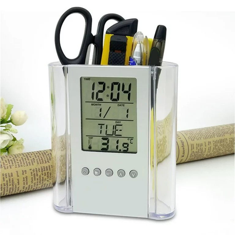 Digital LCD Pen Pencil Holder Desk Organizer with Calendar Timer Clock Thermometer Multifunction Office Stationery Storage Organizer Gift Set for Desktop Bedroom and Promotional Branding Use