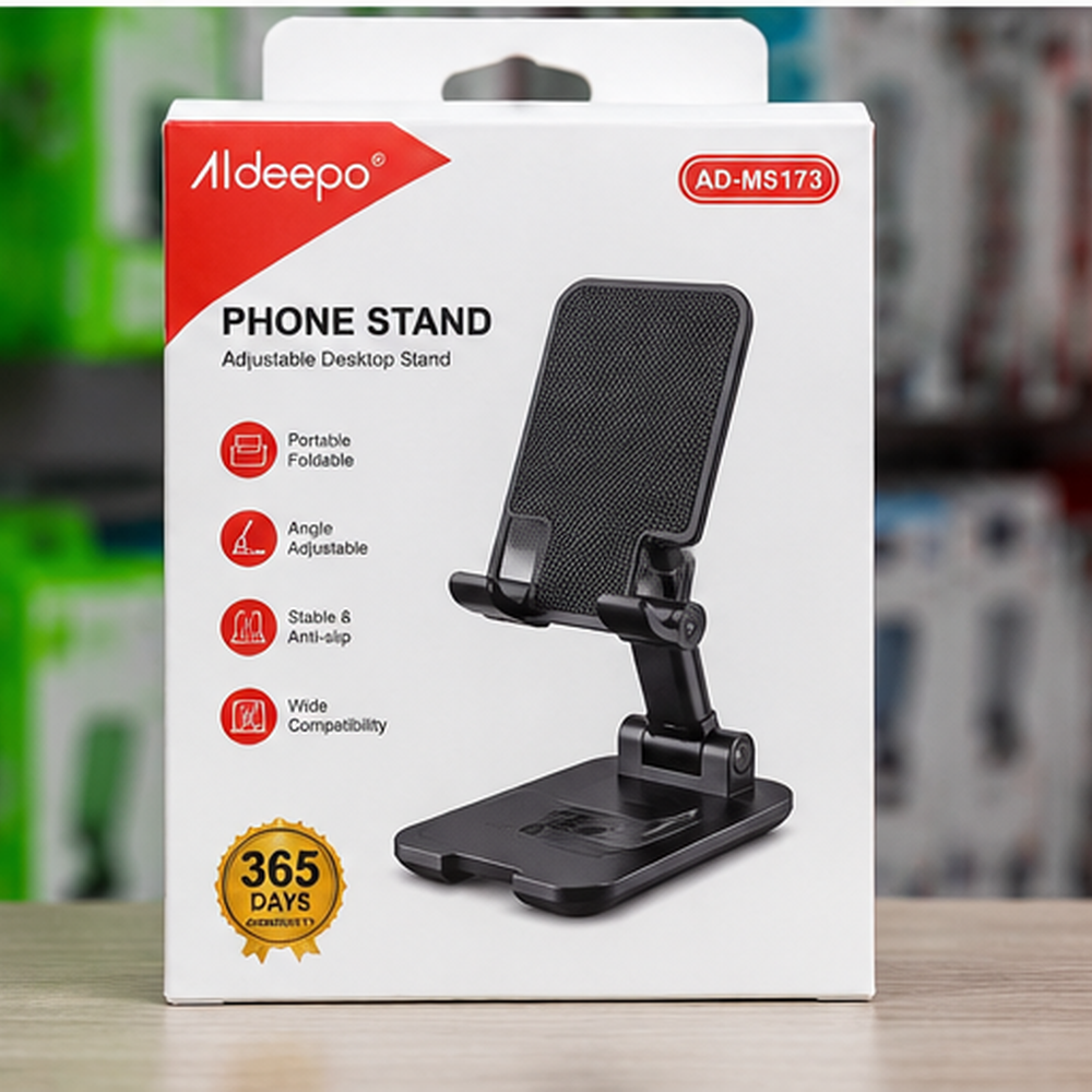 Aldeepo AD-MS172 Foldable Adjustable Desktop Phone Stand – Portable Wood-Grain Base Mobile Phone Holder for Desk, Office, Home & Video Viewing