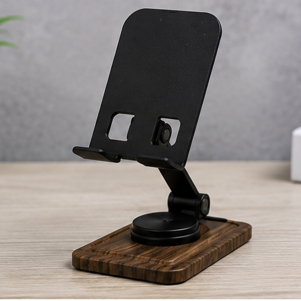 Aldeepo AD-MS172 Foldable Adjustable Desktop Phone Stand – Portable Wood-Grain Base Mobile Phone Holder for Desk, Office, Home & Video Viewing