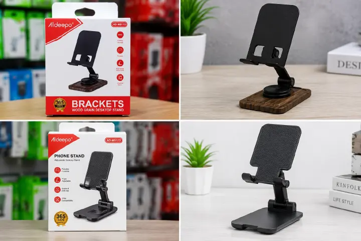 Aldeepo AD-MS172 Foldable Adjustable Desktop Phone Stand – Portable Wood-Grain Base Mobile Phone Holder for Desk, Office, Home & Video Viewing