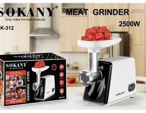 Sokany SK-312 Electric Meat Mincer and Grinder with Advertised 2500W Power, Metal Grinding Head, Feeding Tray and Perforated Mincing Plate – White and Black