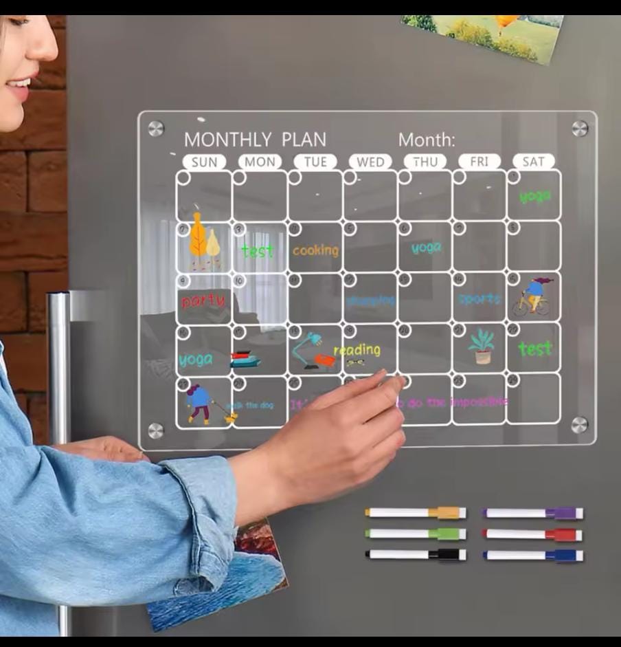 Reusable Magnetic Acrylic Monthly Planner Board with Calendar Grid, 4 Fridge Magnets and 6 Coloured Erasable Marker Pens – Clear