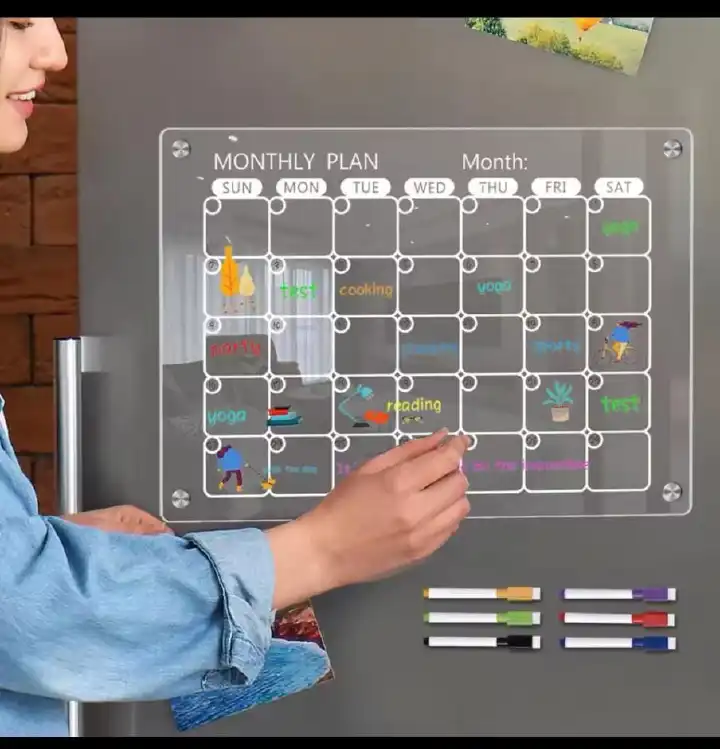 Reusable Magnetic Acrylic Monthly Planner Board with Calendar Grid, 4 Fridge Magnets and 6 Coloured Erasable Marker Pens – Clear