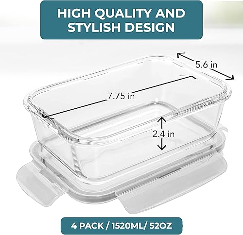 1520ml Borosilicate Glass Food Storage Container with Airtight Snap-Lock Lid – Leakproof Stackable Fridge Organizer, Oven & Microwave Suitable Glass Base