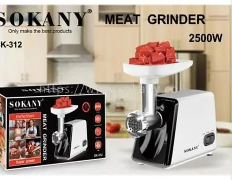 Sokany SK-312 Electric Meat Mincer and Grinder with Advertised 2500W Power, Metal Grinding Head, Feeding Tray and Perforated Mincing Plate – White and Black