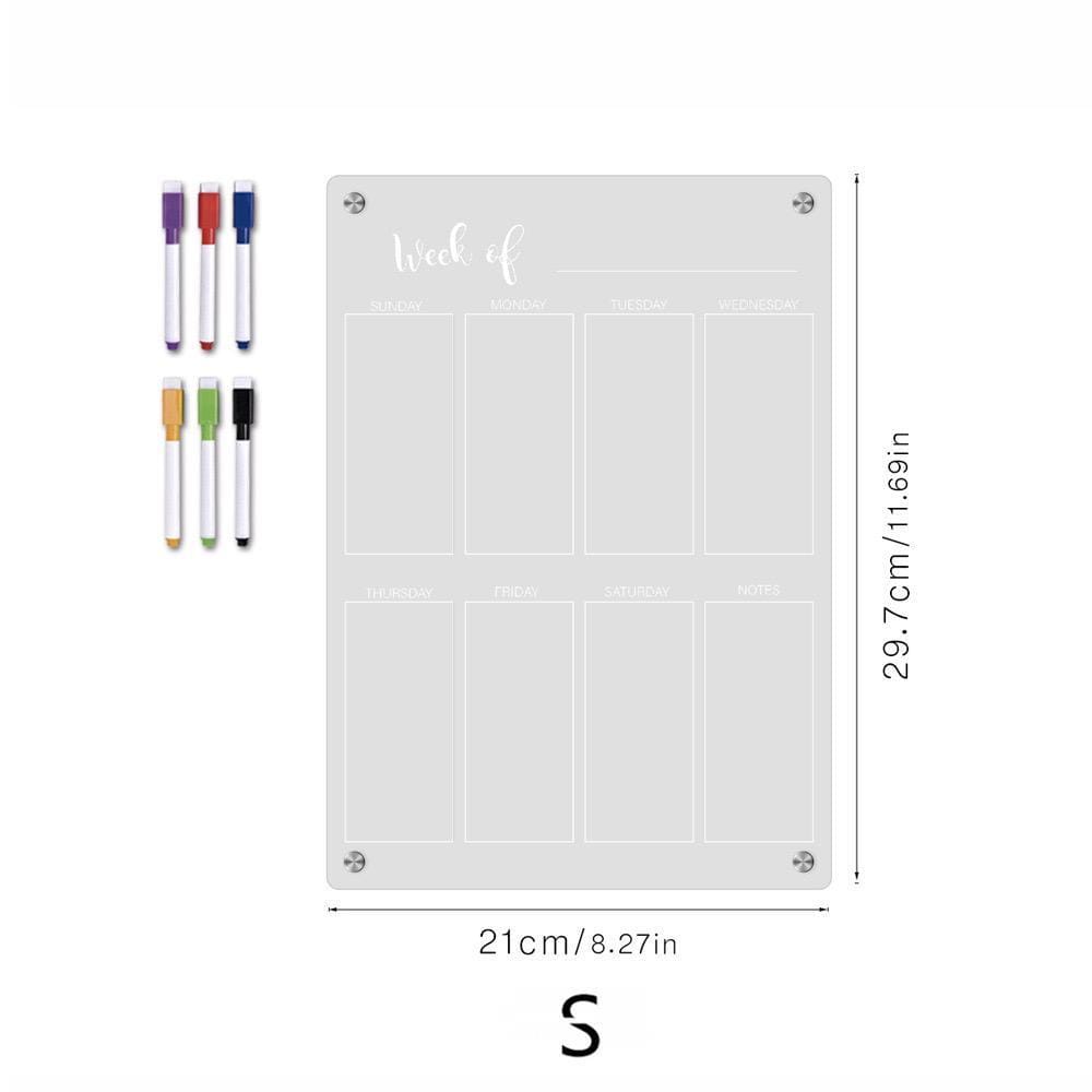A4 Reusable Magnetic Acrylic Weekly Planner Board 29.7 × 21cm with Notes Section, 4 Fridge Magnets and 6 Coloured Erasable Pens – Clear